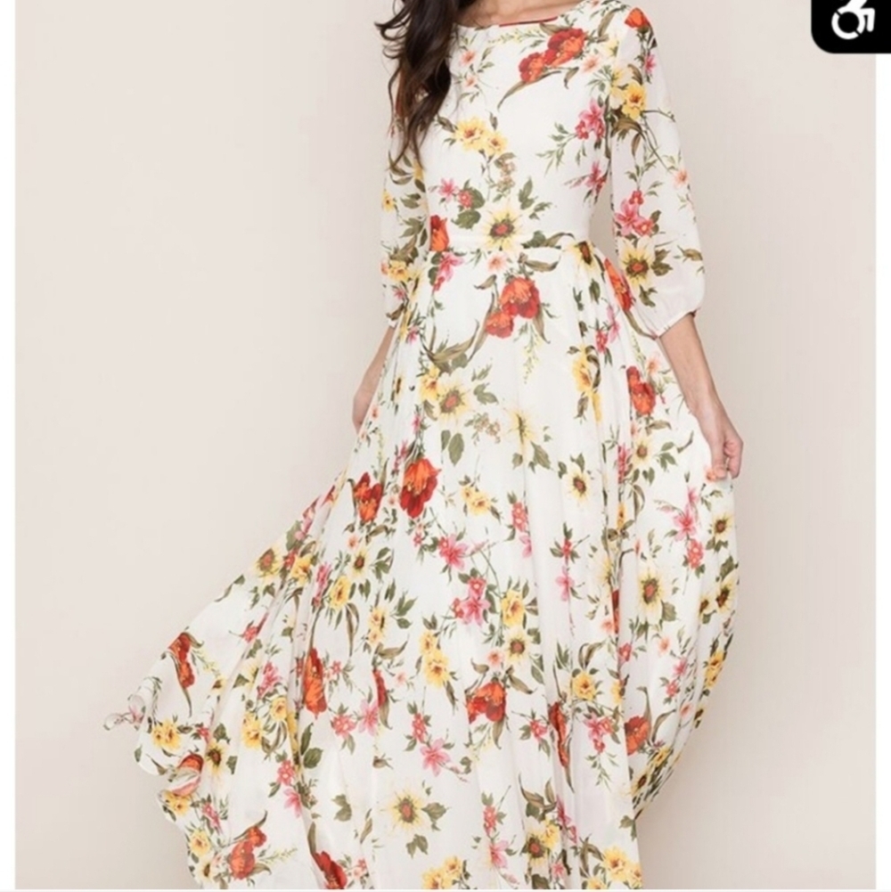 Yumi Kim Champagne & Strawberry Floral Blouson Sleeve Maxi Dress Size Medium - Picture 10 of 15